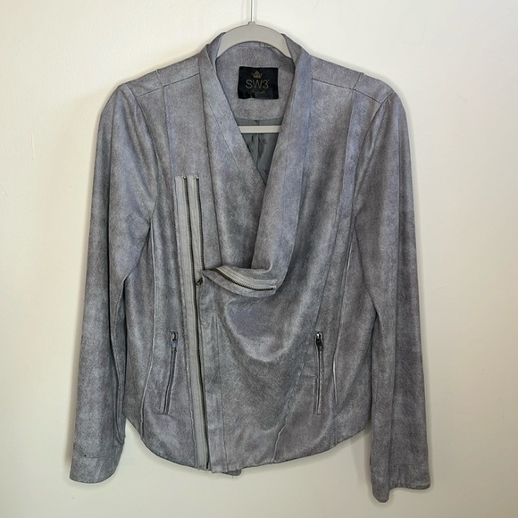 SW3 Bespoke GRAY SUEDE LEATHER-LOOK FAUX MOTO BIKER JACKET Size Large - Picture 1 of 14